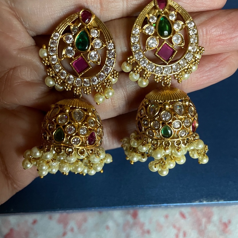 Gold-Tone Jhumka Earrings with Green & Pink Accents - Women Jewelry